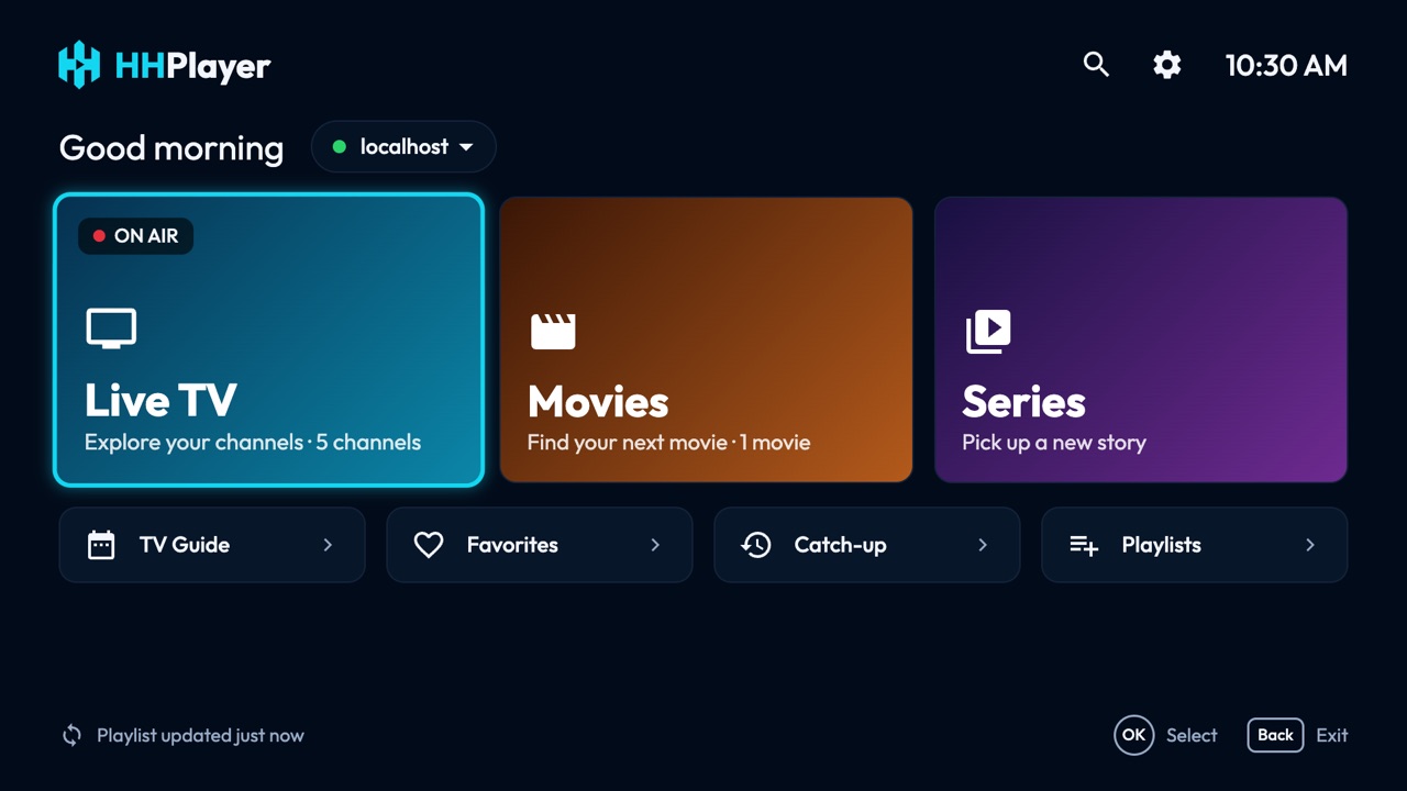 HHPlayer home screen with Live TV, Movies and Series tiles