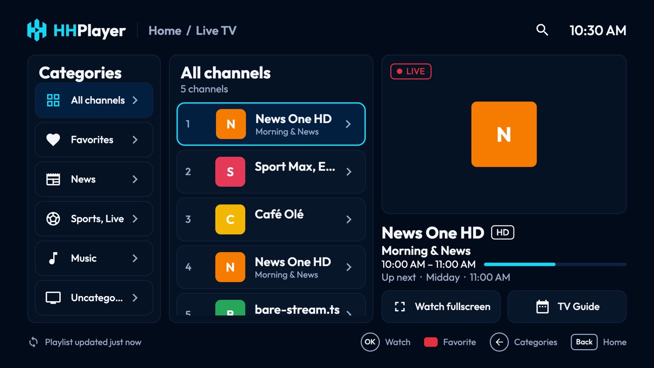 Live TV browser with categories, channels and a preview